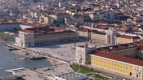 Aerial-orbit-parallax-establishes-iconic-welcome-tourist-square-in-Lisbon-Portugal