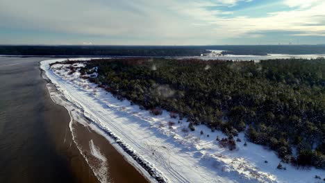 aerial-view-of-a-shoreline-with-a-sandy-beach,-green-trees,-and-blue-waves-crashing-against-the-shore