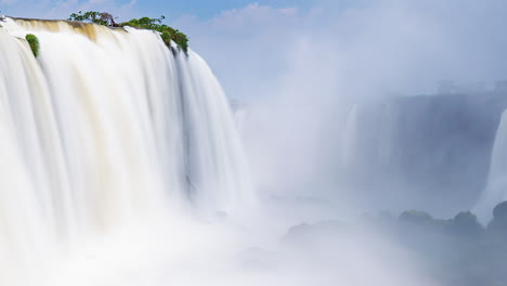Timelapse-of-a-big-Waterfalls-of-Iguazu-around-a-big-green-area-and-a-river,-in-a-sunny-day,-Foz-do-Iguacu,-Parana,-Brazil