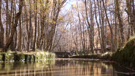 People-stroll-over-bridge-crossing-river,-peaceful-fall-scene,-Covao-d'Ametade