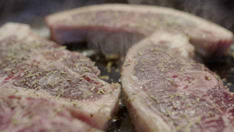 Sizzling-lamb-chops-with-seasoning-in-cast-iron-frying-pan,-close-up-dolly