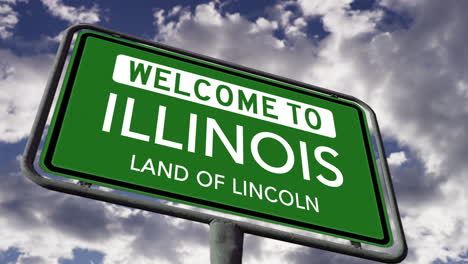 Welcome-to-Illinois,-USA-State-Road-Sign,-Land-of-Lincoln-Nickname,-Realistic-3d-Animation