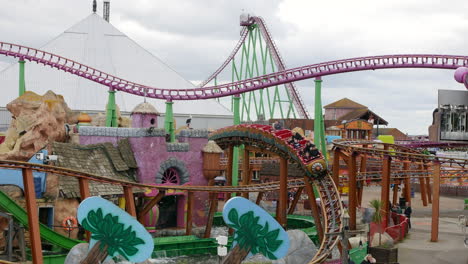 Amusement-park-roller-coaster-ride-with-excited-passengers