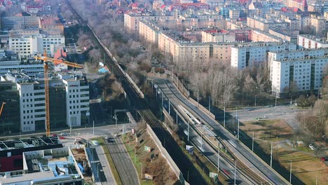 Busy-Traffic-On-Roads-And-Railway-In-City-Of-Budapest-In-Hungary-In-Daytime