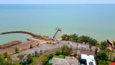 Aerial-Drone-of-Nightcliff-Jetty-Darwin-NT-Australia-on-Coastline-with-Parkling-lot