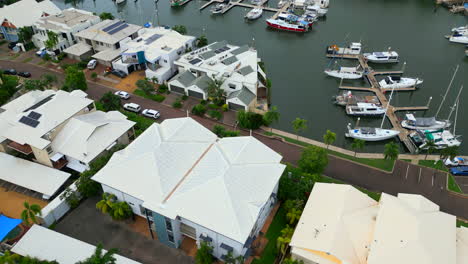 Aerial-Drone-of-Dinah-Beach-Marina-with-Boats-and-Yachts-Docked-in-Harbor,-Darwin-NT-Australia