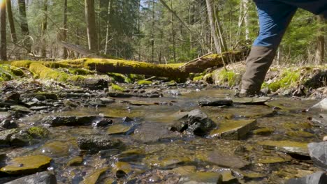 hiker-crossing-flowing-stream-in-the-woods