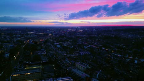 Epid-sunrise-above-Arnhem-historic-city-centre-fixed-drone-aerial-in-Netherlands