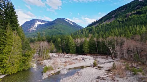 Beautiful-view-of-Hansen-Creek-in-Evergreen-forest-with-mountains-in-the-background-in-Snoqualmie,-Washington-State