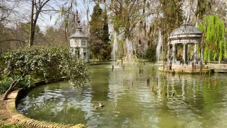 Teich-Umgeben-Von-Vegetation-Mit-Wasserstrahlen-Und-Enten-Mit-Einem-Kleinen-Blauen-Marmortempel-Und-Einem-Markanten-Vogelhaus-Zu-Beginn-Des-Frühlings-In-Aranjuez,-Weltkulturerbe,-Madrid,-Spanien