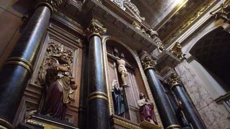 Jesus-Christ-Virgin-Apostle-architecture-inside-basilica-eclectic-cathedral-sculptures-at-san-jose-flores-buenos-aires-argentina,-golden-statues,-roof