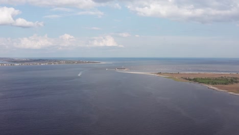 Super-wide-aerial-shot-of-Fort-Sumter-from-Fort-Johnson-in-Charleston-Harbor,-South-Carolina