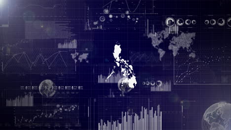 Antecedentes-Corporativos-Del-País-De-Filipinas-Con-Elementos-Abstractos-De-Gráficos-De-Análisis-De-Datos-Que-Muestran-Videos-Tecnológicos-De-Análisis-De-Datos-Con-Globo-Terráqueo,-Crecimiento,-Gráficos-Y-Datos-Estadísticos-Del-País-De-Filipinas