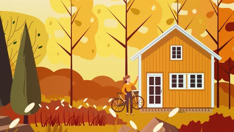 Animierte-2D-Illustration-Eines-Jungen-Mädchens-Vor-Dem-Haus-Mit-Fahrrad,-Winkend