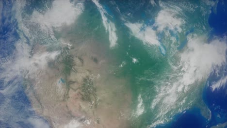 The-United-States-of-America-and-North-America-rotate-through-the-frame,-viewed-from-high-in-orbit-in-space-in-this-4K-animation-of-the-planet-Earth