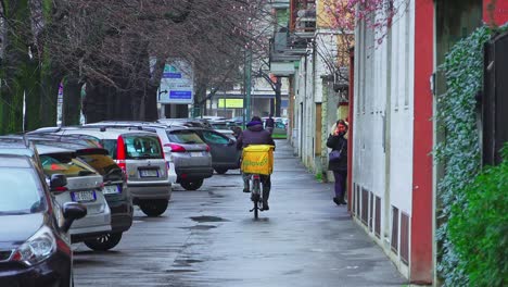 Cyclist-delivering-goods,-residents-commuting-via-foot-and-vehicles