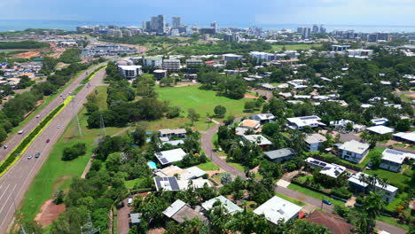Aerial-Drone-of-Stuart-Park-Suburb-by-Highway-and-Marina-Port-in-Darwin-NT-Australia