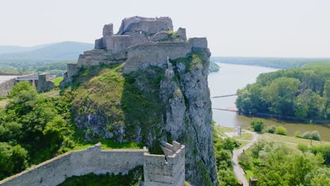 Aerial-view-of-Devin-castle-near-Danube-and-Morava-rivers-in-Bratislava,-Slovakia-on-beautiful-sunny-day