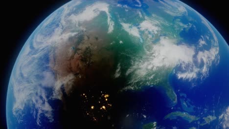 A-4K-3D-Planet-Earth-simulation-concept,-visualizing-the-April-8th,-2024-solar-eclipse-across-North-America,-as-seen-from-high-in-orbit-above-planet-Earth,-with-city-lights-revealed-by-the-shadow