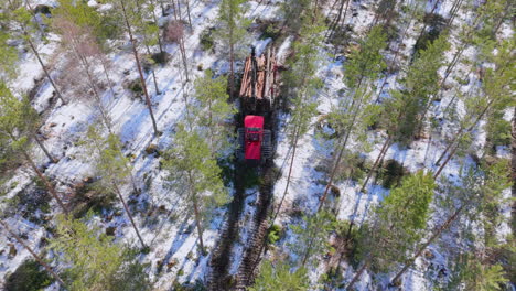 Roter-Forwarder-Transportiert-Gefällte-Baumstämme-Auf-Anhänger-Entlang-Verschneiter-Waldstrecke