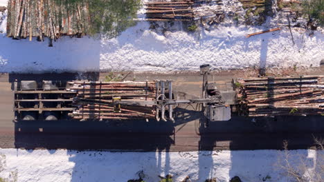 Log-loader-loading-felled-tree-logs-from-snowy-terrain-onto-trailer