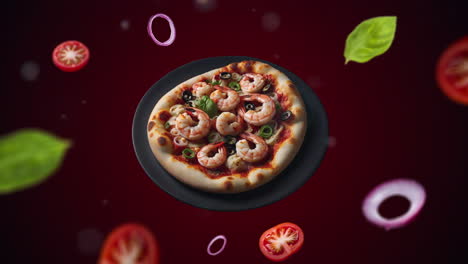 Neapolitanische-Garnelenpizza-Auf-Einem-Teller,-Animations-Intro-Für-Werbung-Oder-Marketing-Von-Restaurants,-Wobei-Die-Zutaten-Des-Gerichts-Durch-Die-Luft-Fliegen---Preisschild-Oder-Verkauf