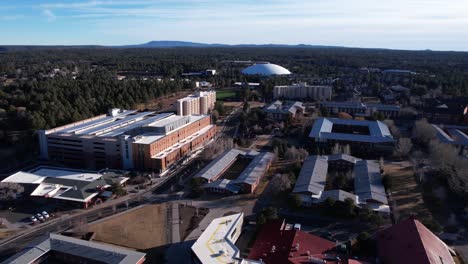 Drone-Shot-of-Northern-Arizona-University-Campus-Buildings,-Flagstaff-USA,-Dormitory-Buildings-and-Halls