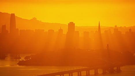 Timelapse-of-the-downtown-of-San-Francisco,-sunrise-haze-in-California,-USA