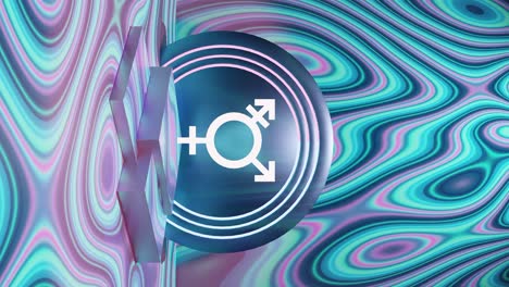 Transgender-symbol-on-a-podium-with-colorful-blue-wavy-pattern-background,-vertical