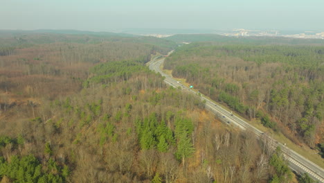 Autopista-Muy-Transitada-Con-Automóviles-Circulando-En-Ambas-Direcciones-Alrededor-De-Una-Curva-Entre-El-Dosel-Del-Bosque-En-Polonia