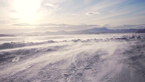 Iceland-winter-snow-landscape-at-sunset-with-strong-wind-wilderness-desolate-landscape