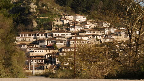 UNESCO-Ottoman-White-houses-in-Berat,-Albania,-Zoom-Out