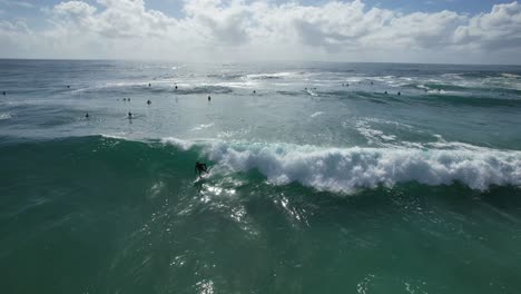 Man-Surfer-Riding-Ocean-Waves-In-Cabarita,-New-South-Wales,-Australia---Aerial-Drone-Shot