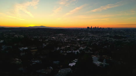 Aerial-Panoramic-sunset-golden-skyline-in-Los-Angeles-california-drone-viewpoint-Keeneth-Hahn