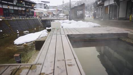 Fußbäder-Im-Ginzan-Onsen,-Japanische-Thermalstadt-Im-Winter,-Yamagata