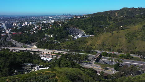 Aerial-view-around-the-Hollywood-bowl,-sunny-day-in-Los-Angeles,-California,-USA