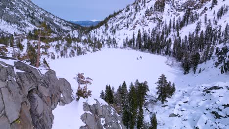 Aerial-view-of-snow-covered-Eagle-Lake,-Desolation-Wilderness,-Lake-Tahoe,-California