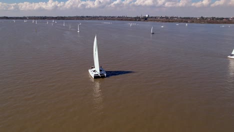 Catamaran-sailing-on-muddy-river---aerial
