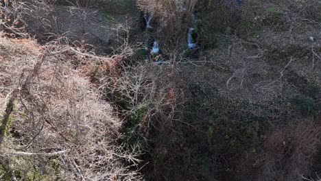 Vertido-Aéreo-De-Agua-De-Cascada,-Vista-De-Drones,-Flujo-De-Agua-En-Vegetación