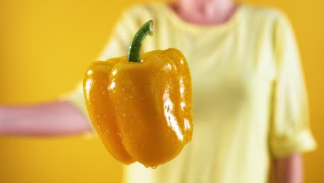 A-person-sporting-a-vibrant-yellow-t-shirt-expertly-slices-through-ripe-yellow-bell-peppers-suspended-in-the-air