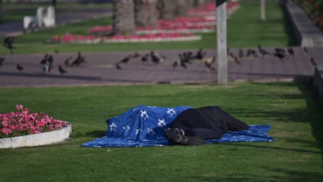 Ein-Obdachloser-Ruht-Sich-Unter-Freiem-Himmel-In-Einem-Park-Aus