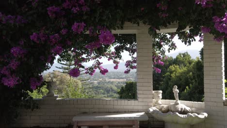 Stone-fountain-on-a-balcony-overlooking-South-Africa,-under-the-shade-of-a-bougainvillea