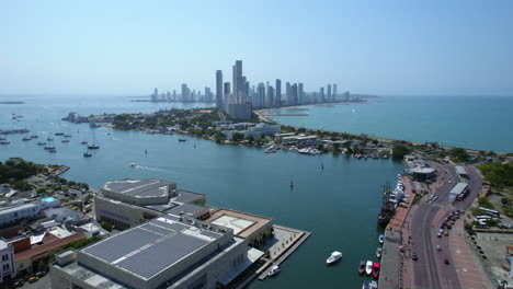 Cartagena,-Colombia,-Aerial-View-of-Harbor-and-Bocagrande-Hotels-and-Buildings