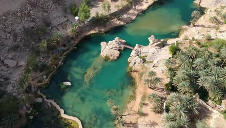 Luftaufnahme-Der-Erstaunlichen-Oase-Wadi-Bani-Khalid-Mit-Türkisfarbenem-Wasser-Und-Palmen-Im-Oman