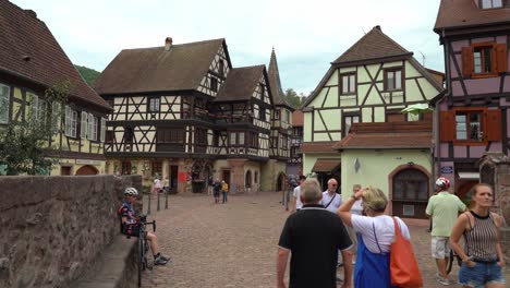 Along-the-edges-of-the-river-there-are-numerous-brightly-painted-half-timber-houses,-and-the-Weiss-river-is-crossed-by-a-lovely-16th-century-fortified-stone-bridge-in-Kayserberg-Village