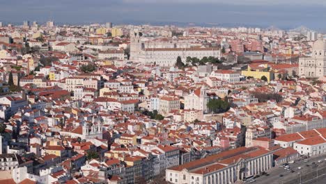 Panoramic-aerial-above-Lisbon-Portugal-with-cathedrals,-stunning-homes,-churches,-and-iconic-architecture