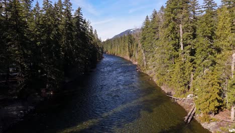 Backward-motion-shot-of-river-and-evergreen-forest-tree-line-in-Cle-Elum-on-a-clear-day-in-Washington-State