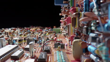 Complex-circuit-board-with-colorful-electrical-components,-probe-lens-detail