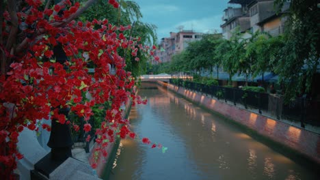 Leuchtend-Rote-Blumen-Mit-Blick-Auf-Den-Bangkok-Kanal-In-Der-Abenddämmerung