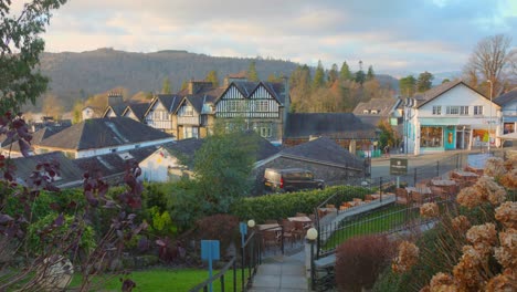 A-slow-panning-shot-of-the-town-of-Bowness-on-Windermere